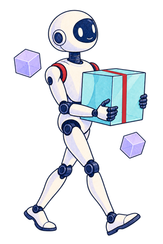 Ein kleiner Roboter bringt ein Paket mit rotem Band.